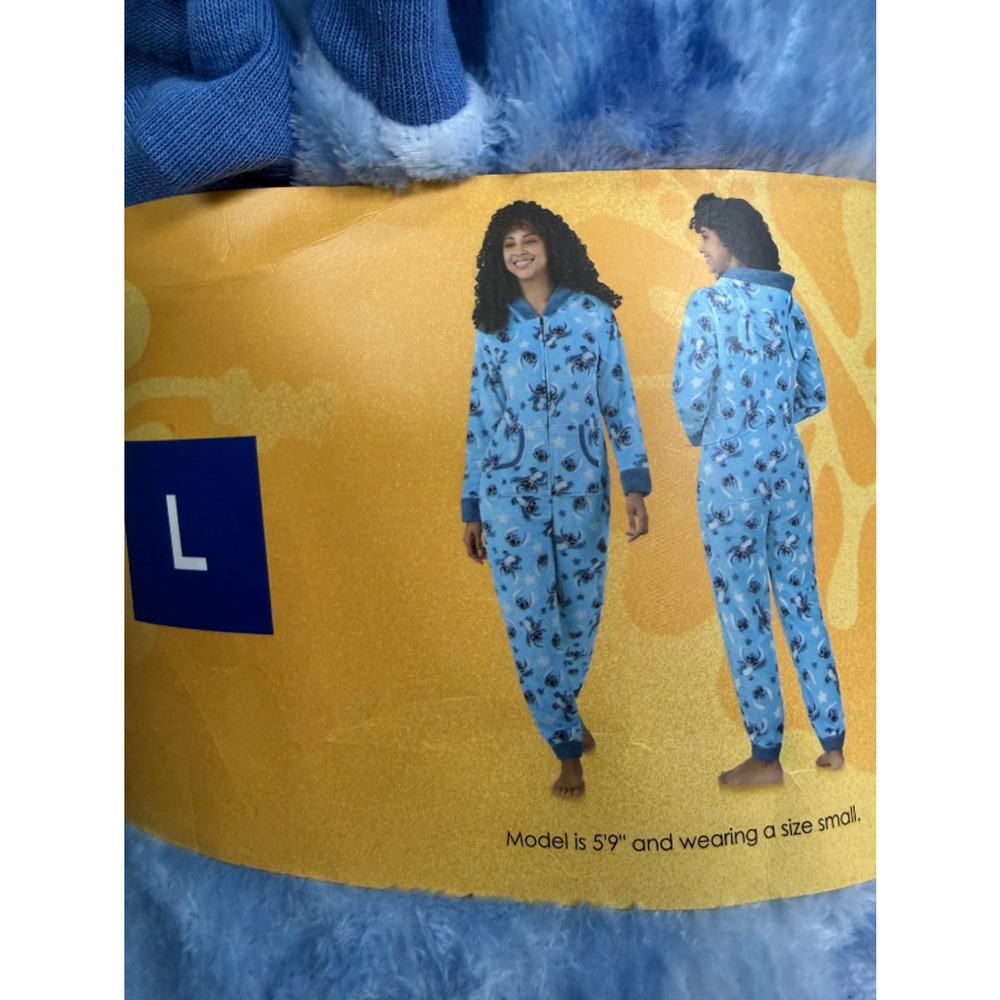 Disney Stitch Women’s One-piece Pajama Blue Jumper 3 D ears Hooded L New - Picture 5 of 5